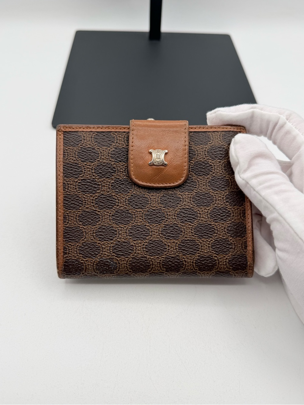 Celine Brown Triomphe Pattern Leather Compact Wallet